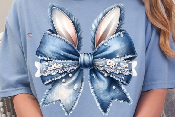 Charming Blue Denim Easter Bow Bunny Ears PNG for Creative Projects